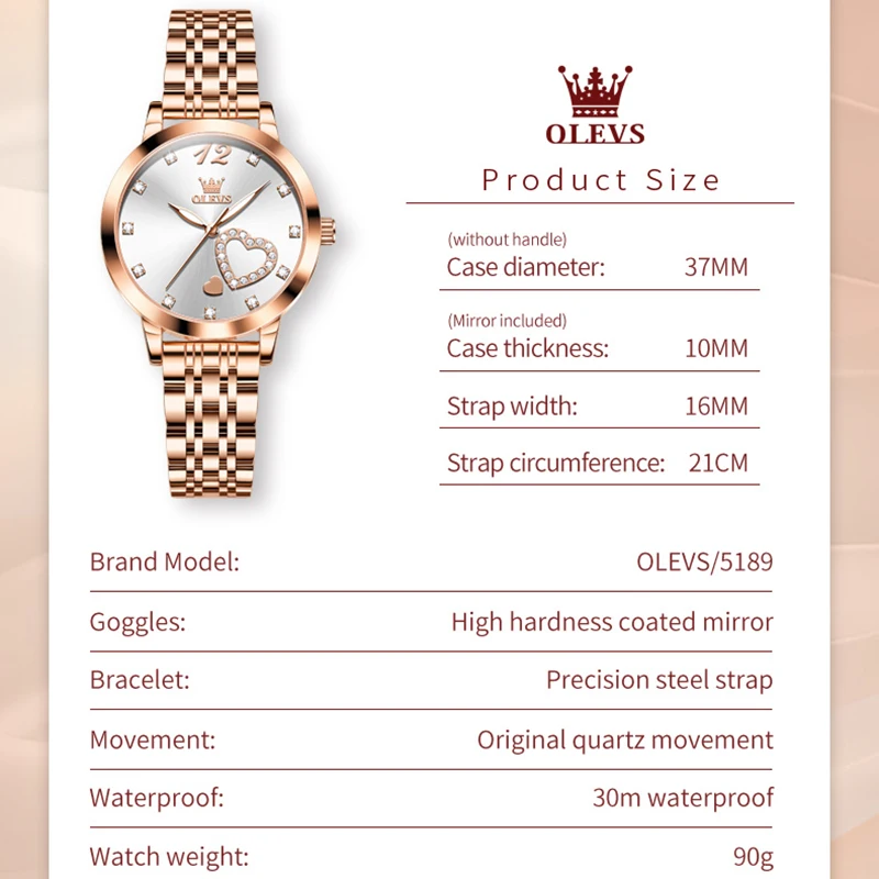 OLEVS Luxury Stainless Steel Ladies Watch Gift Set Love Heart Diamond Dial Luminous Hands Waterproof Bracelet Watch for Women