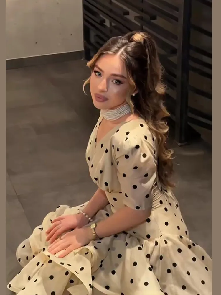 Retro Polka Dot Layered Flounce Dress Woman Sleeveless Hollow out Waist Cinching Maxi Robes Elegant Women's New Evening Dresses 6