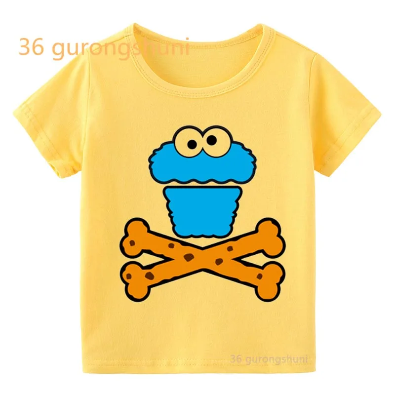 Koszulki dla dzieci Elmo Cookie Monster 3 4 5 6 stare urodziny dziecka chłopięce ubrania Cartoon T Shirt dziecięce ubrania chłopcy żółte T-shirty