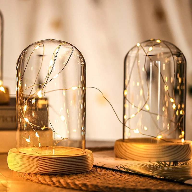 Glass Display Dome Wooden Base LED Light Landscape Vase Dry Flower Cloche Cover DIY Succulent Plants Container