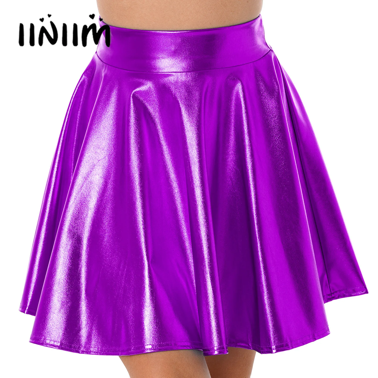 

Womens Glossy High Waist Flare Skirt Rave Cocktail Party Club Stage Costume Party Dancewear Shiny Metallic Ruffle Mini Skirts