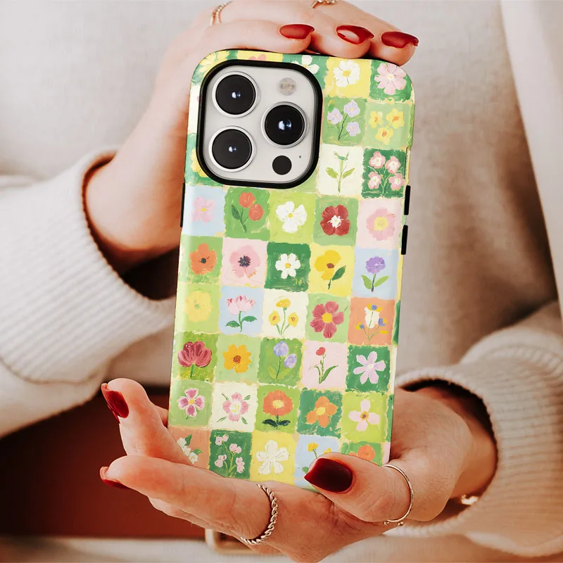 Grid Pattern Flower Shockproof Phone Case with 2-in-1 Film Shell Back Cover