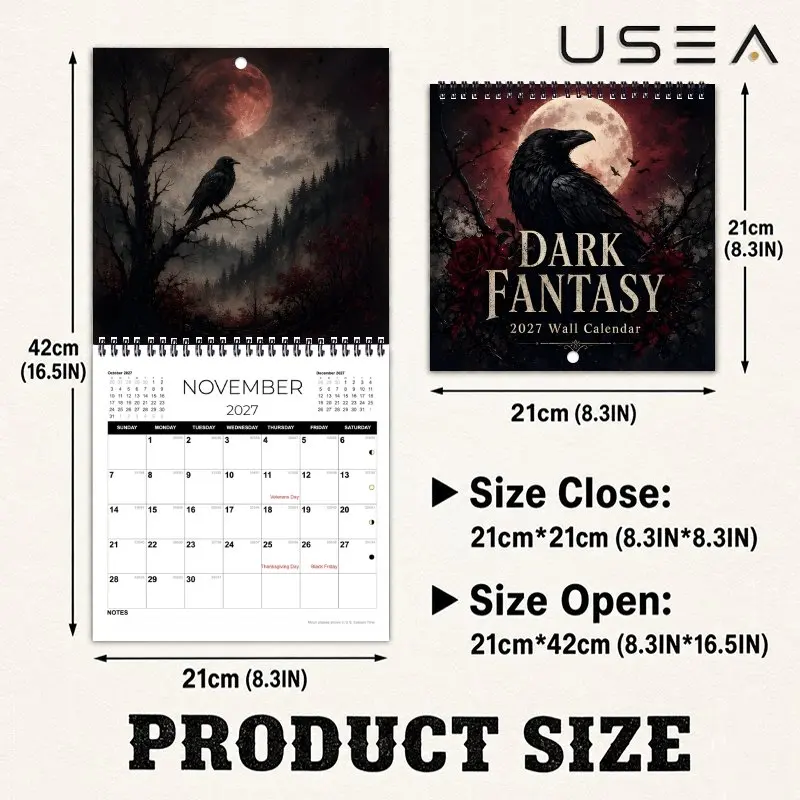 Calendario da Parete Dark Fantasy Raven2027, Agenda Annuale, Organizzatore, Tracker delle Abitudini, Diario per la Gestione del Tempo, Calendario da Appendere, Natale - immagine 2