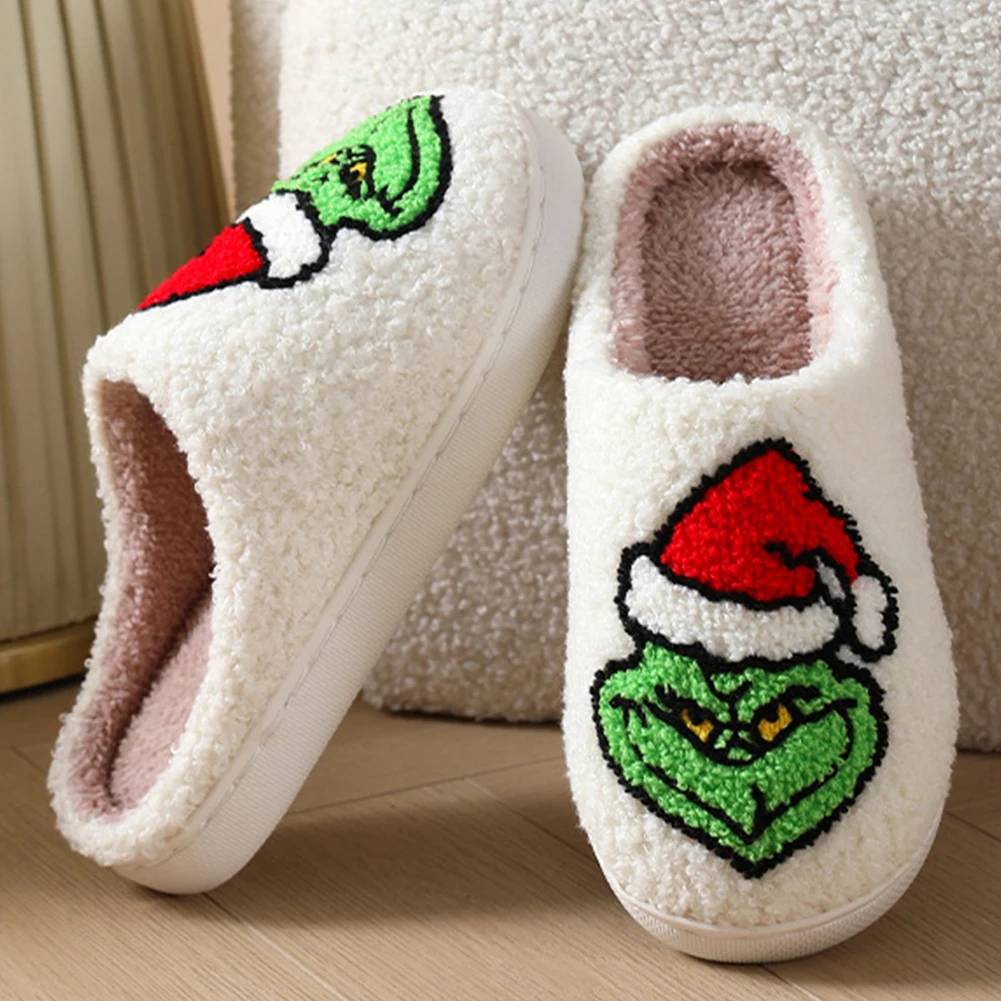 For Grinch Plush Slippers Flat Thermal Slippers Comfortable Fluffy Home Slippers Furry Green Monster Slippers for Indoor Bedroom 3