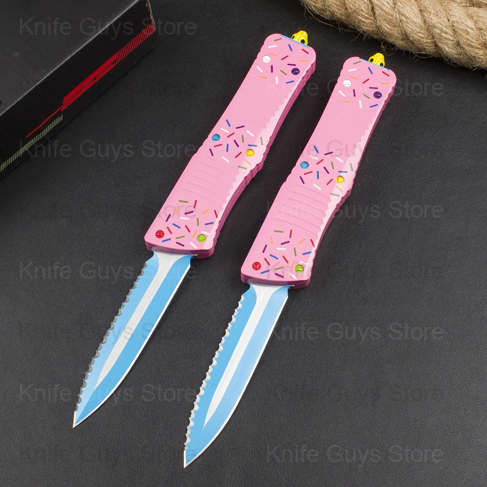 

Micro OTF Tech Knife Combat Troo Series D2 Steel SerratedEdge 59HRC Pink Aluminum Alloy Handle Outdoor Self Defense Pocket Knife