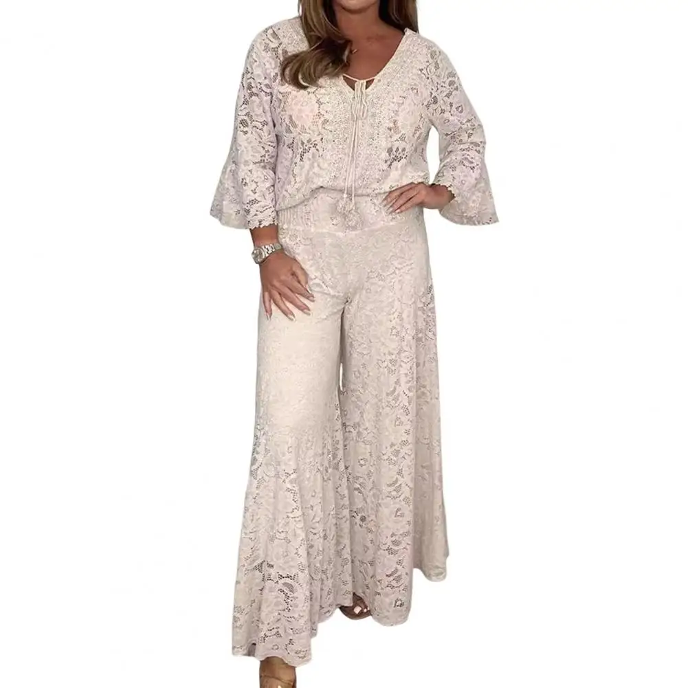Redefining Elegance Floral Lace Cropped Shirt and Belt Pocketed Wide Leg Pants Set