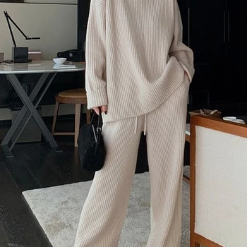 캐주얼 리브 니트 풀오버 상의, 루즈 롱 팬츠, 세트 하프 하이넥 스웨터 및 와이드 레그 팬츠, 투피스 세트, 가을 겨울