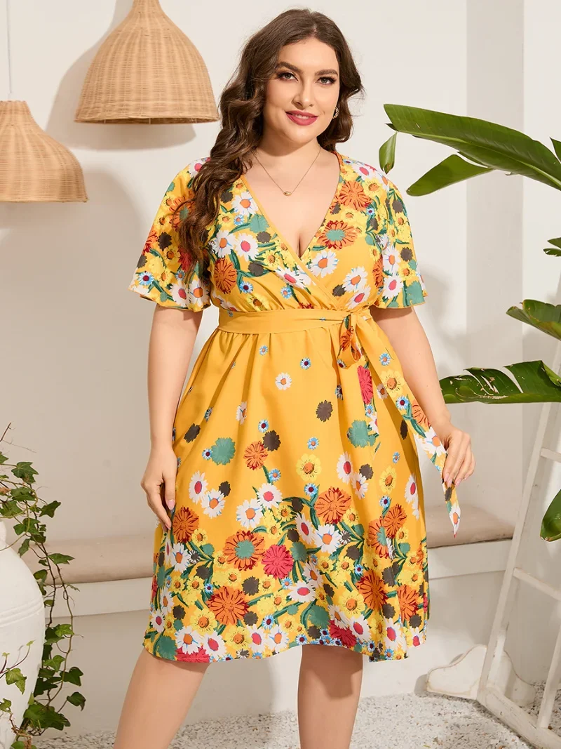 

Oversized 4xl 5xl Midi Dress Women 2024 Summer V Neck Short Sleeve Floral Print Yellow Dress for Women Y2k Korean Beach Dresses