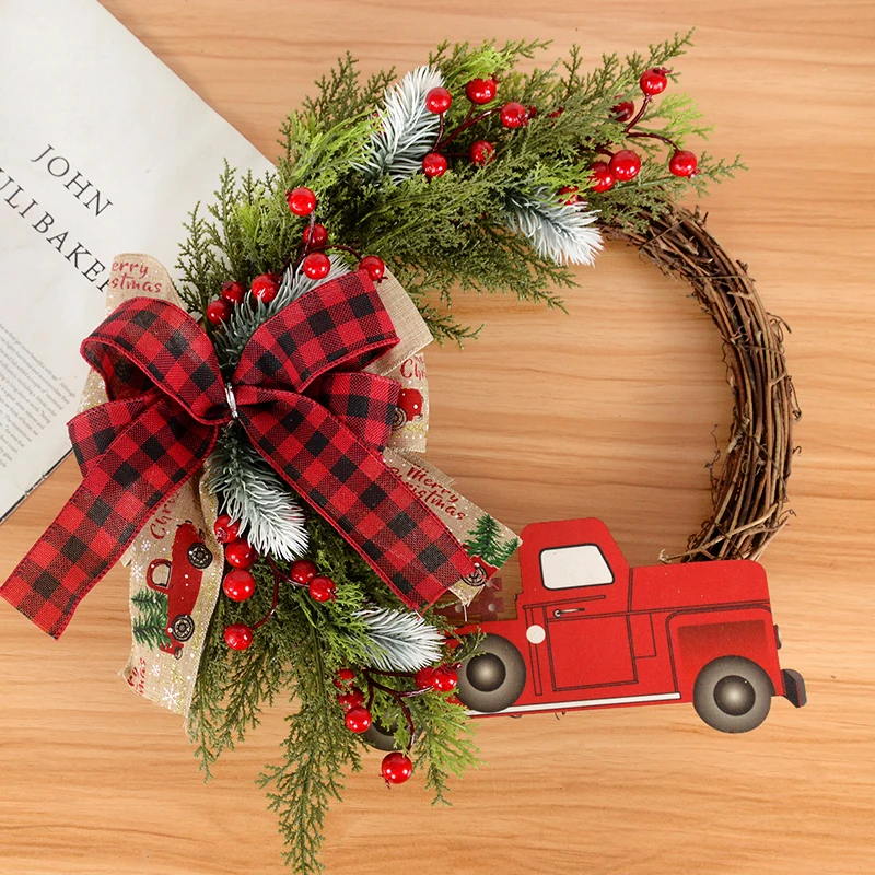 

38CM Christmas Door Wreath Garland Wooden Car Red Berry Wall Hanging Ornament Merry Christmas Decoration for Home New Year 2024