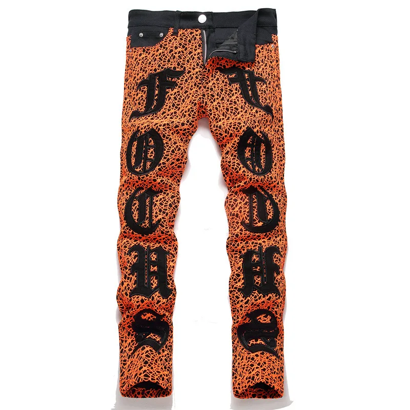 

High Quality Men’s Slim-fit Orange Mesh Black Jeans,Light Luxury Embroidery Decorating Sexy Jeans,Stylish Street Fashion Jeans;