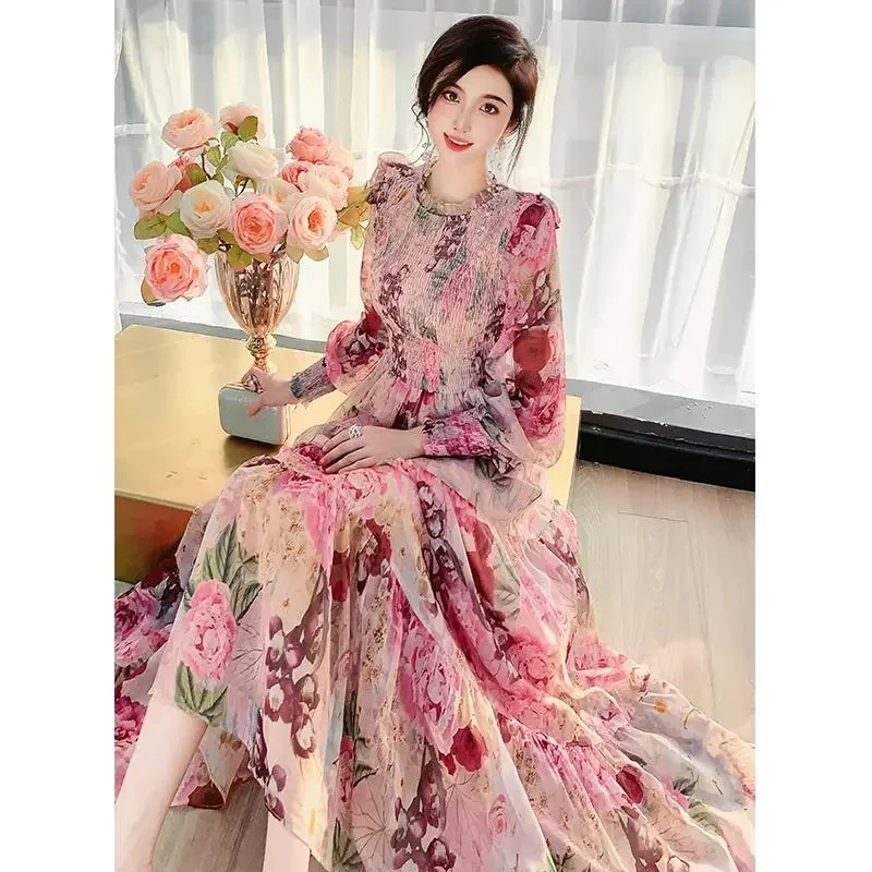 

French Tea Break Chiffon Fragmented Flowers Long Sleeve Dress 2024 Autumn New Waist Wrapped Lantern Sleeve A-line Skirt Long Dre