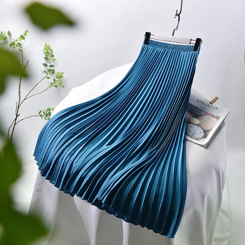 

18 Colors Autumn Winter Elastic Waist Pleated Long Skirt Pink White Blue AL0177