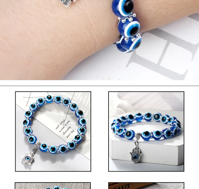 Classic Blue Evil Eyes Palm Butterfly Pendant Bracelet Wishing Elastic Rope  Chain Resin Beads Bracelet For Women Jewelry Gift
