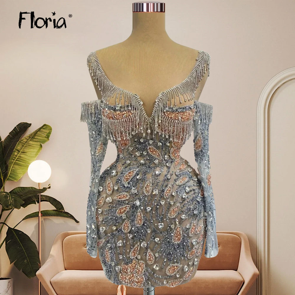 

Silver Beading Cocktail Dress Sheer Neck Off Shoulder Long Sleeve Short Vestido Graduación 2024 Luxury Mini Party Dresses