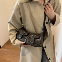 LEFTSIDE Fashion Double Pockets Design PU Leather Shoulder Bag For Women 2023 Tend Female Crossbody Bag Underarm Bags Handbags 2