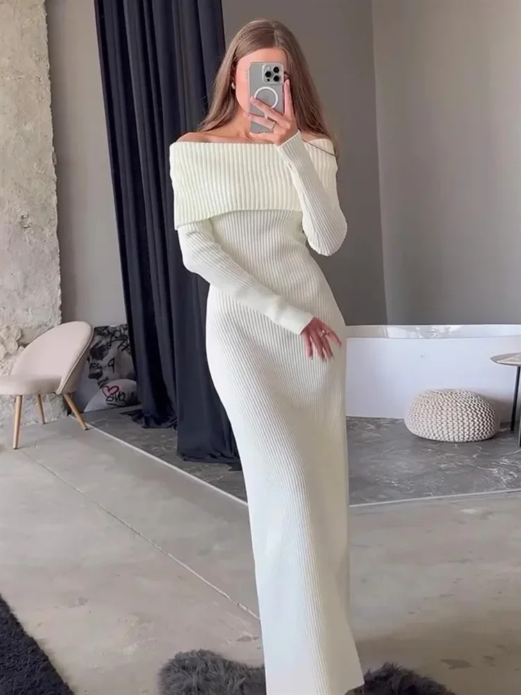 Fashion Knit Long Dress Off-Shoulder Female Ribbed Loose High Waist Elegant Autumn Party Dress Ladies Knitwear Maxi Dress
