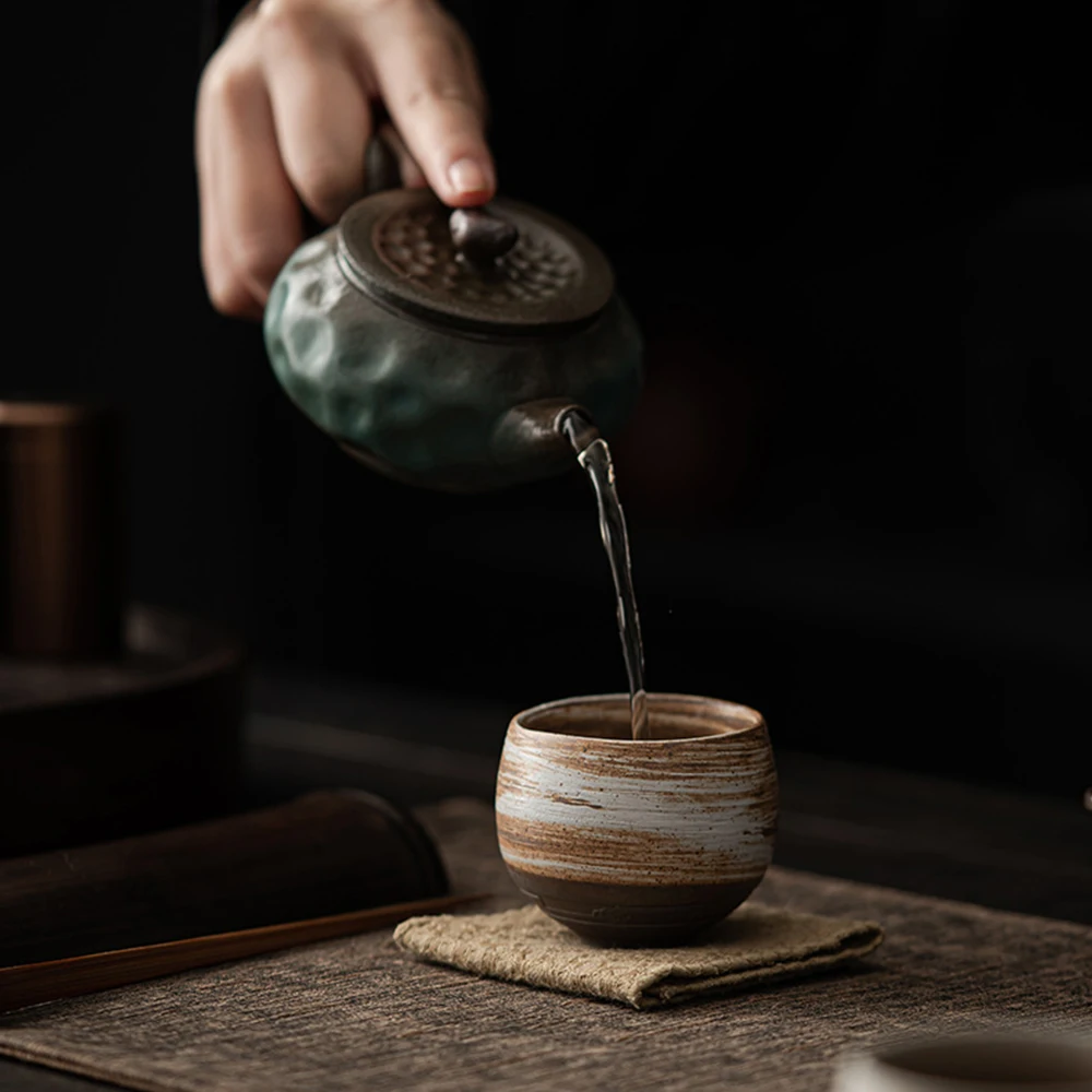 2 Pcs Handmade Iron-Speckled Teacups Kiln-Change Glaze Ceramic Cups Rustic Anti-Slip 80ml Japanese Style Gift Set