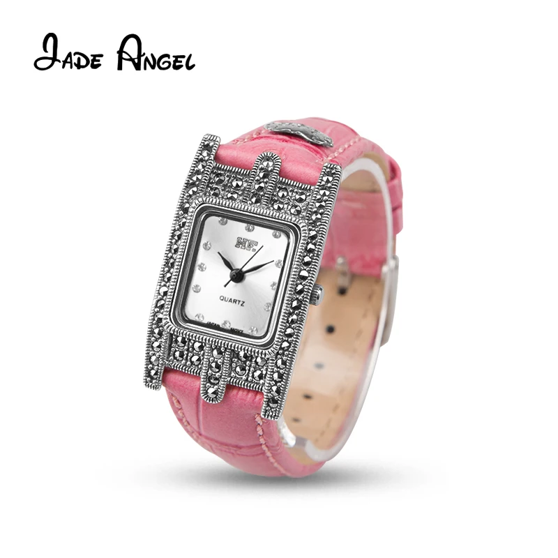 

Jade Angel 925 Sterling Silver Bracelet 3.7cm Rectangle Dial Vintage Women Wrist Watches Fine Jewelry With Cowhide Watch Strap
