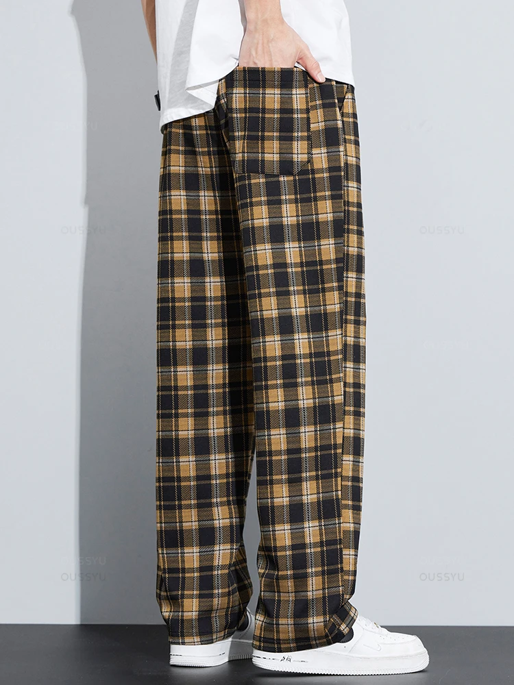 Spring Summer High Quality Classics Plaid Casual Pants Men Loose Straight Wide Leg Elastic Waist Jogger Trousers Male Streetwear 3