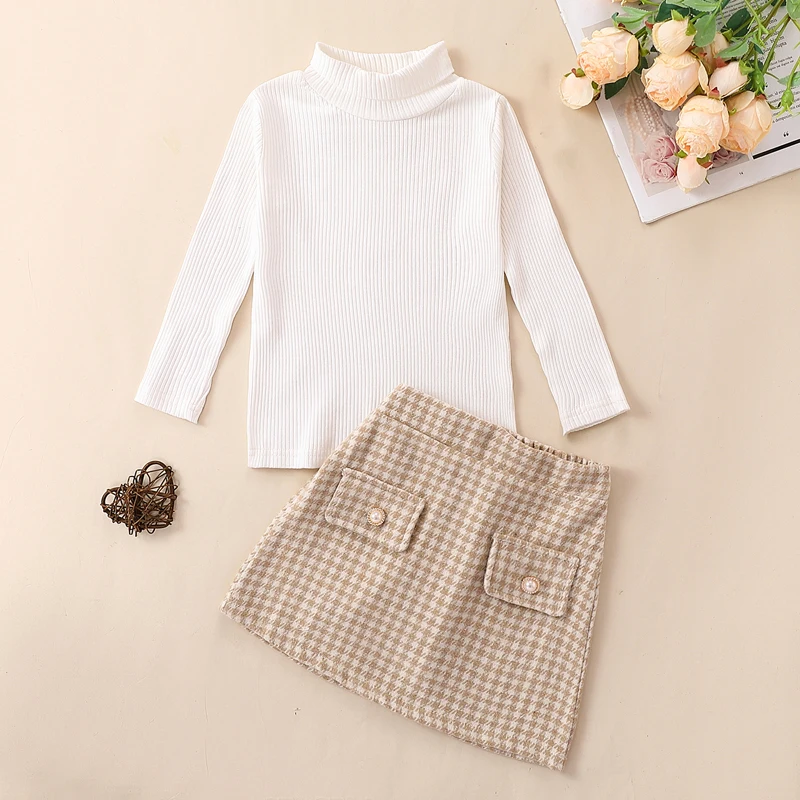 

Toddler Girls Clothes 2Pcs Autumn Fall Outfits Long Sleeve Turtleneck Tops + Houndstooth Skirt Set Kid Cotton Clothes