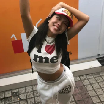 I Love ME Letters Print Y2K Harajuku Crop Top T-shirt Summer Women Clothes Sexy T-shirt Vintage 2000s Short Sleeve Crop Tops 1