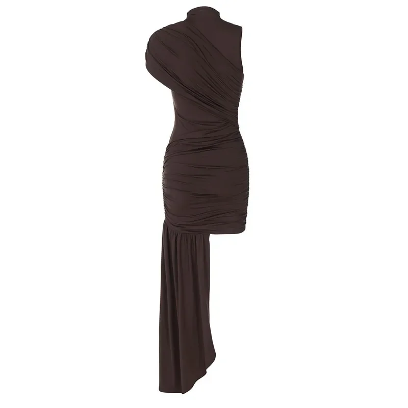 Brown Lace Up Pleated Mini Dress Elegant Round Neck High Waist Sleeveless Slim Fit Short Dresses Lady Summer Evening Party Robes