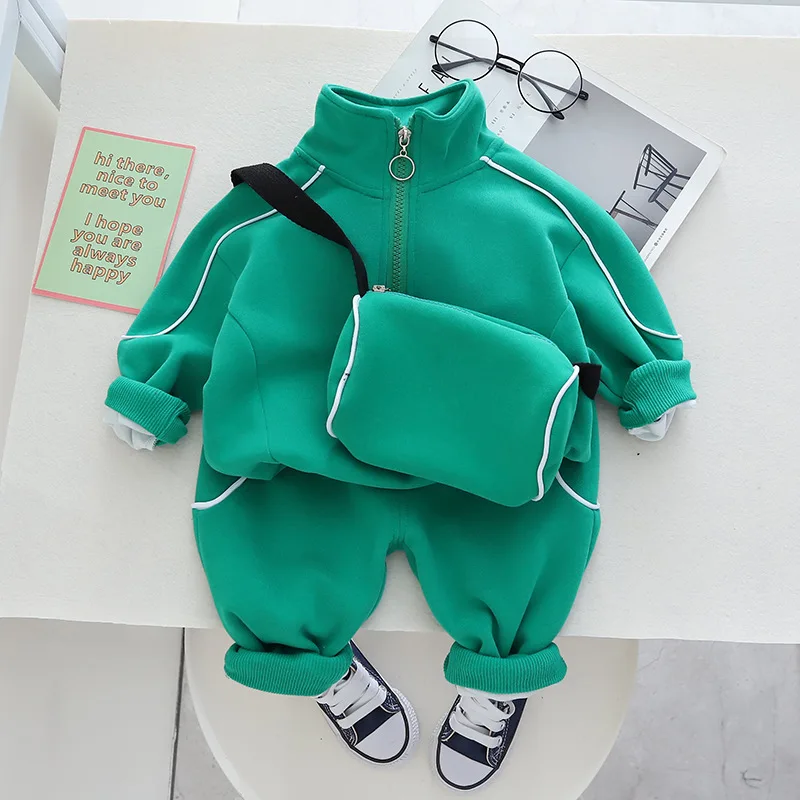 

Baby Boys Sport Suit 2023 Autumn And Winter Casual Solid Zipper Costume For Kids Clothes Top + Pants + Bag 3 Pcs Outfit 1-5 Year