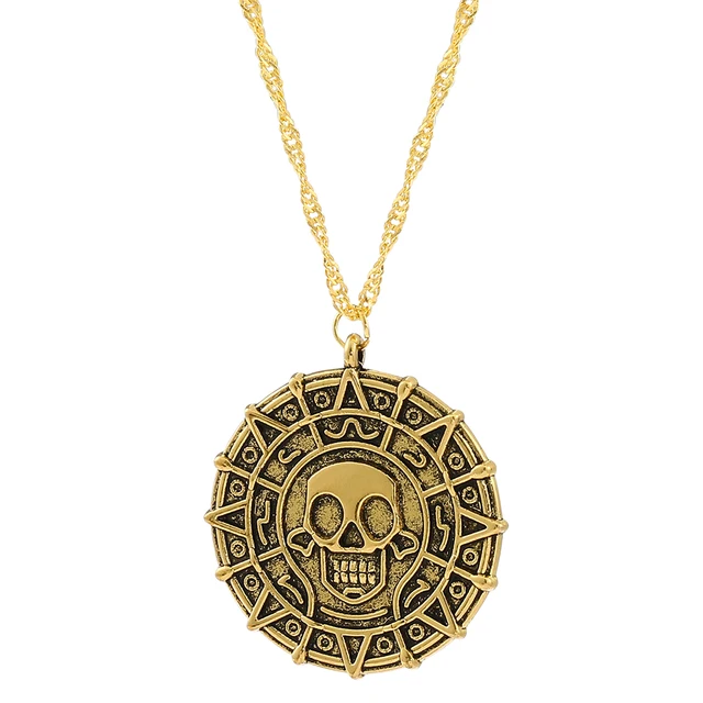 Pirates des caraïbes Jack Sparrow squelette aztèque têtes de crâne pièce médaillon pendentif Vintage bijoux collier pour la vente en gros 1