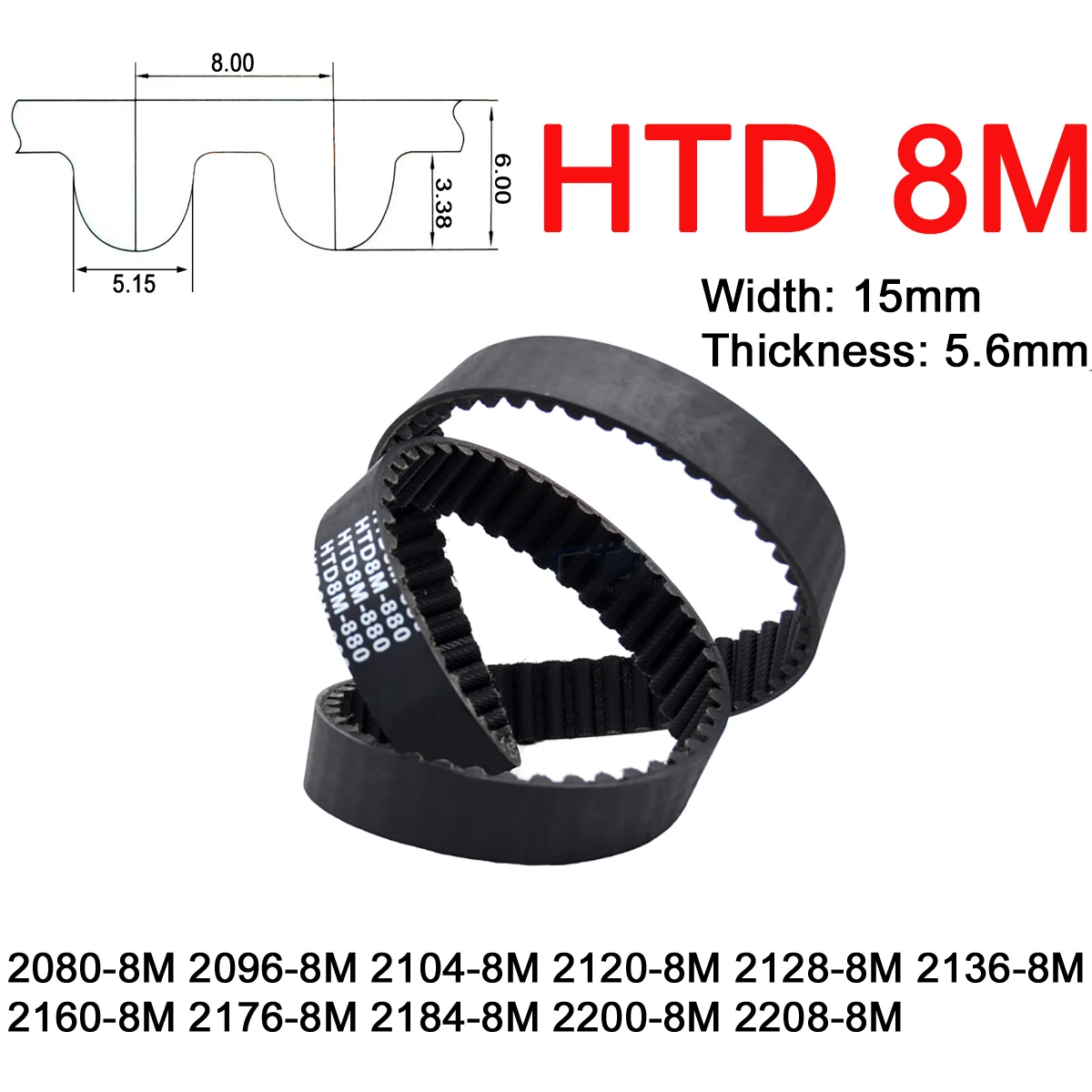 

1Pc Width 15mm 8M Rubber Arc Tooth Timing Belt Pitch Length 2080 2096 2104 2120 2128 2136 2160 2176 2184 2200 2208mm Drive Belt