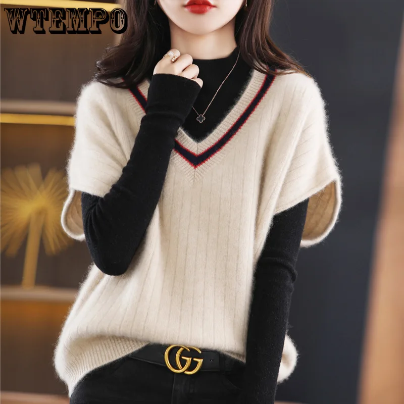 WTEMPO Women's Short Sleeve Knitted Vest Spring Fall Contrast V Neck Pullovers Jumper Loose Casual Ladies Gilet Sweater 2