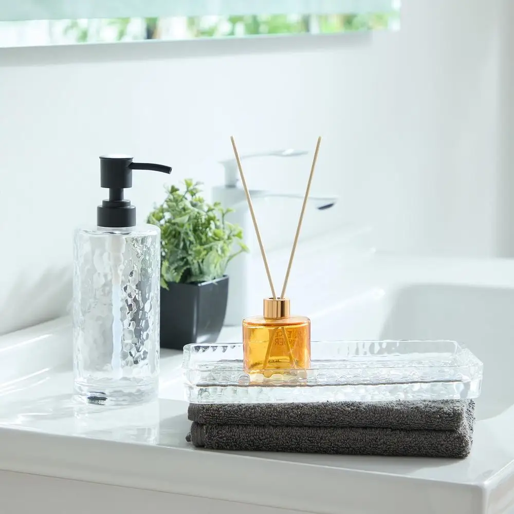 Hammered Glass Vanity Tray Organizer Clear Elegant Makeup Perfume Jewelry Cosmetic Storage Shower Bathroom Display Durable Heavy 3
