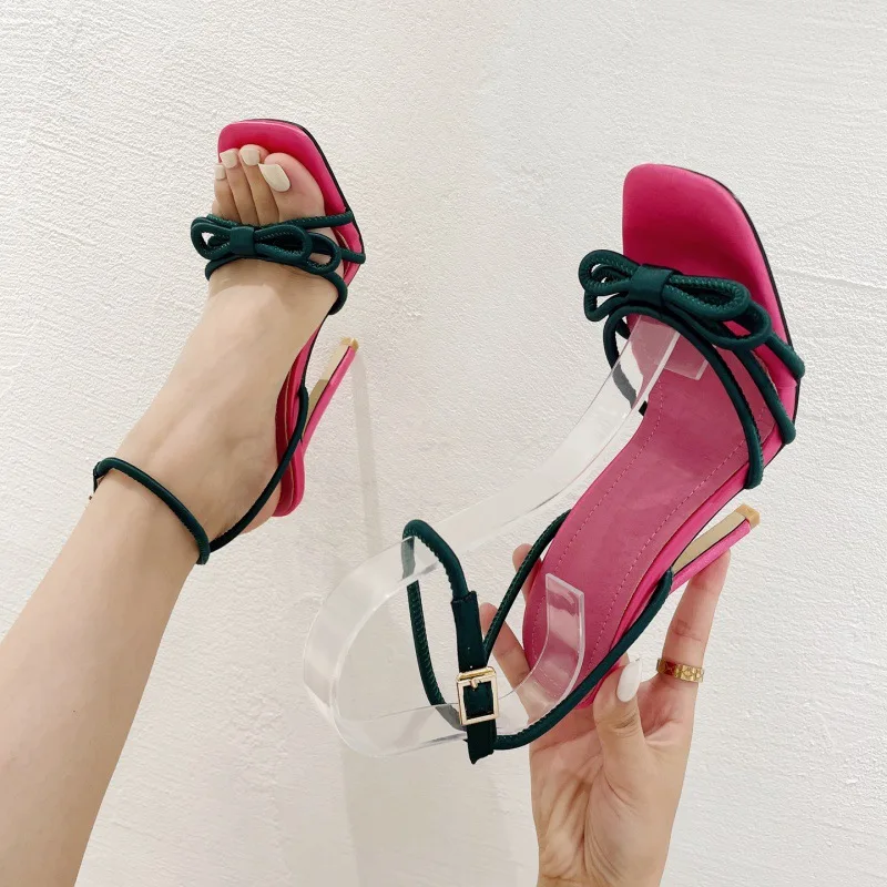 

2023 New Fashion Square Open Toe Thin High Heel Women Summer Sandals Butterfly-Knot Decoration Ankle Buckle Strap Party Shoes
