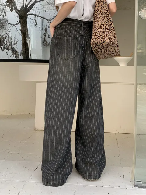 2024 Ropa Y2K Fashion Vintage Striped Wide Leg Baggy Jeans Pants For Women Clothes Straight Washed Black Casual Lady Trousers 2