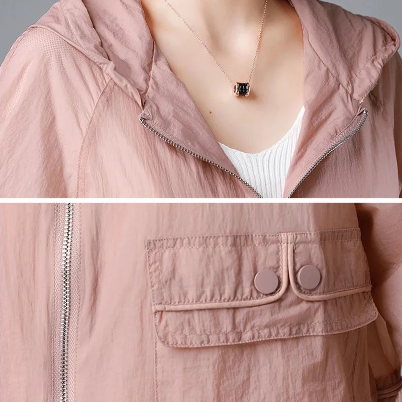 2023 New Summer Jacket Women Hooded Sun Protection Clothing Fashion Casual Zipper Thin Windbreaker Coat With Lined Tops images - 6