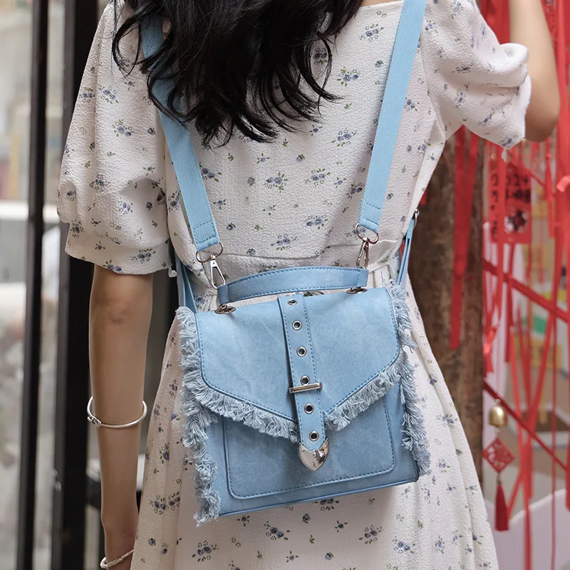 Fashion Fringe Denim Backpacks for Women Designer Box Backpack for Teenager Girls Casual College Travel Bags Simple Trend 2024