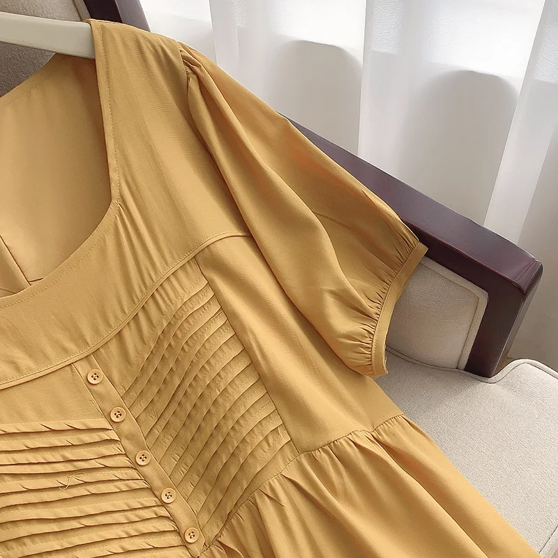 여성용 플러스 사이즈 바스트 150, 루즈 스퀘어 넥 드레스, 노란색 5XL 6XL 7XL 8XL 9XL, 150Kg, 여름