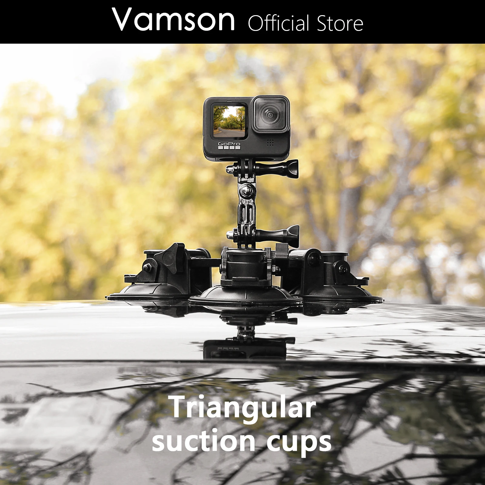 Vamson 탈착식 트라이 앵글 흡입 컵 마운트, Go Pro Hero 11 10 9 8 용, Insta360 X3 One X2 DJI 액션 고프로 액세서리, 9cm