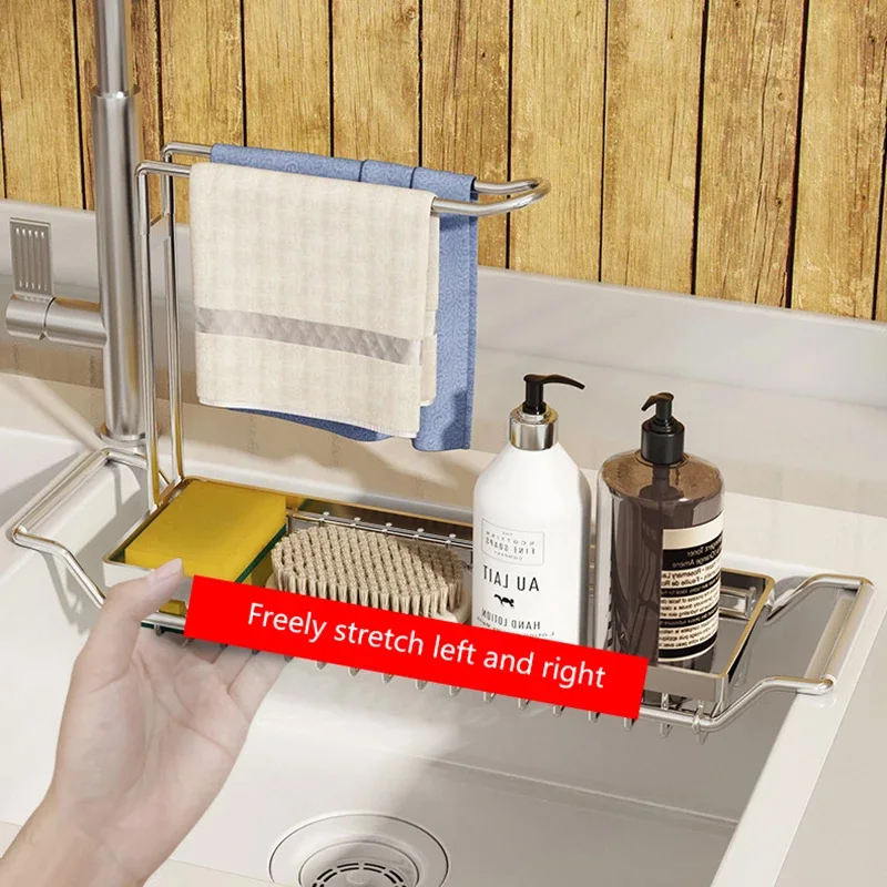 Telescopic Sink Shelf Adjustable Kitchen Soap Sponge Rag Brush Holder Stainless Steel Sink Drain StorageRack Sink Storage Basket 5
