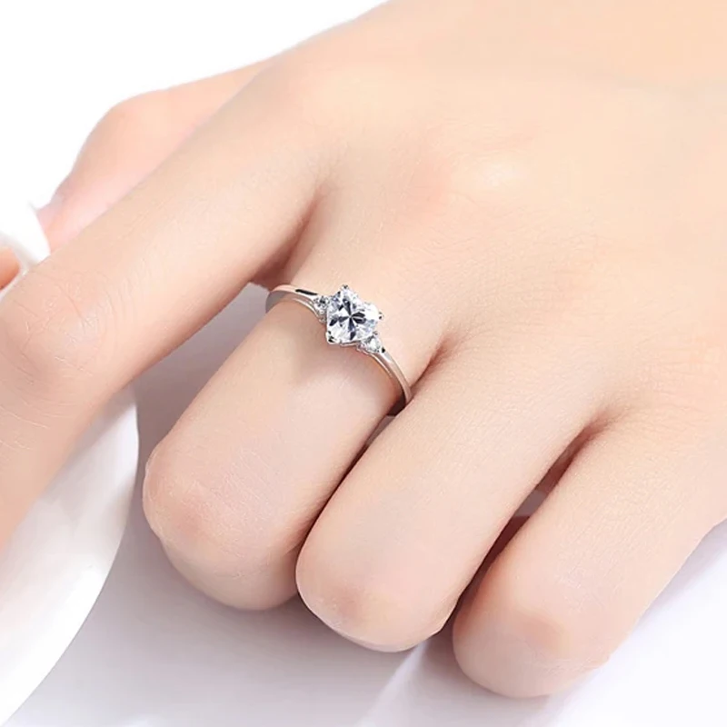 Allergy Free Real White Tibetan Silver Heart Cubic Zirconia Engagement Rings for Women Girl Romantic Jewelry Gift