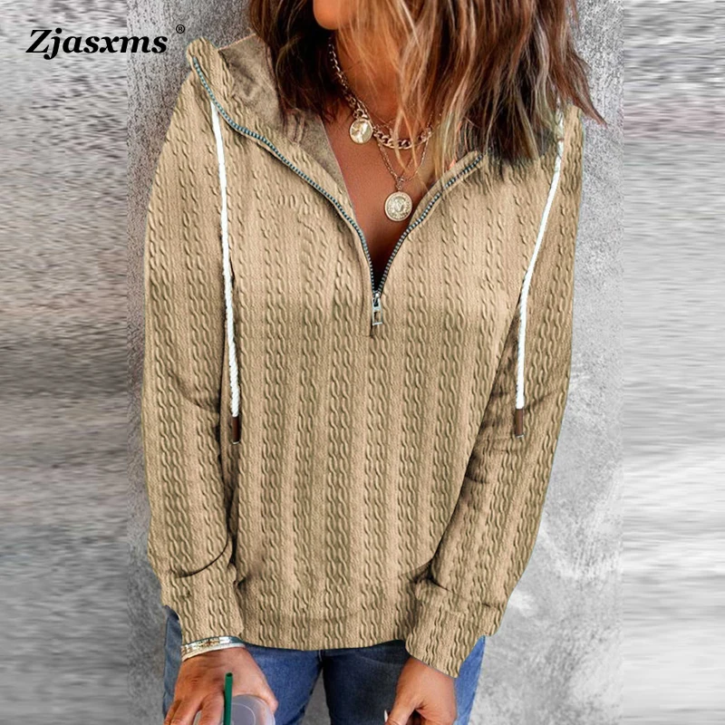 

Autumn Winter Women Solid Color Office Hooded Female Drawstring Long-Sleeve Zipper Plain Pullover Lady Loose Hoodies Sweatshirts
