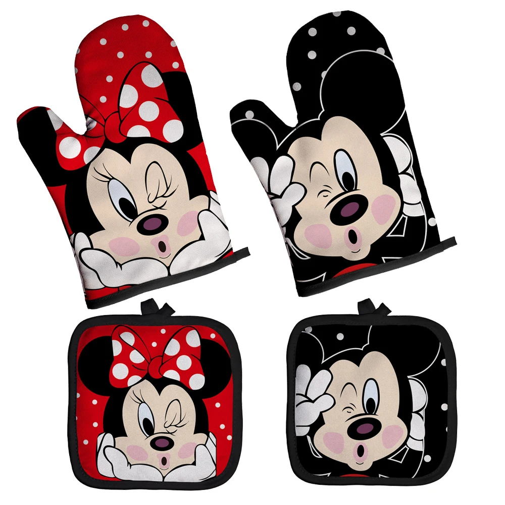 MINISO Disney Microwave Oven Mitts Anti-scalding Gloves Mickey Mouse Oven Mitten Potholder Insulation Mat Baking Kitchen Tool silicone oven mitts kitchen gloves silicone oven gloves cotton pot holders silicone oven protector