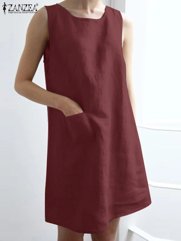 

ZANZEA Vintage Loose Knee Length Dress Women Summer Causal Sleeveless Tanks Sundress Holiday Beach Robe Fashion OL Vestidos