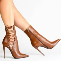Moraima Snc Brown Lace up Hollow Boots Side Zipper High Heel Ankle Boots Pointed Toe Shoes for Women Heels New Zapatillas Mujer