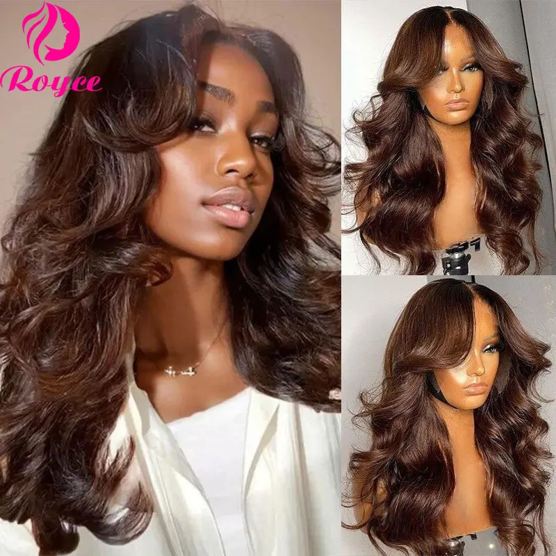 200 Density #4 Chocolate Brown Curtain Bangs Lace Front Human Hair Wigs Body Wave Colored Lace Wigs Remy 13x4 Frontal Wig