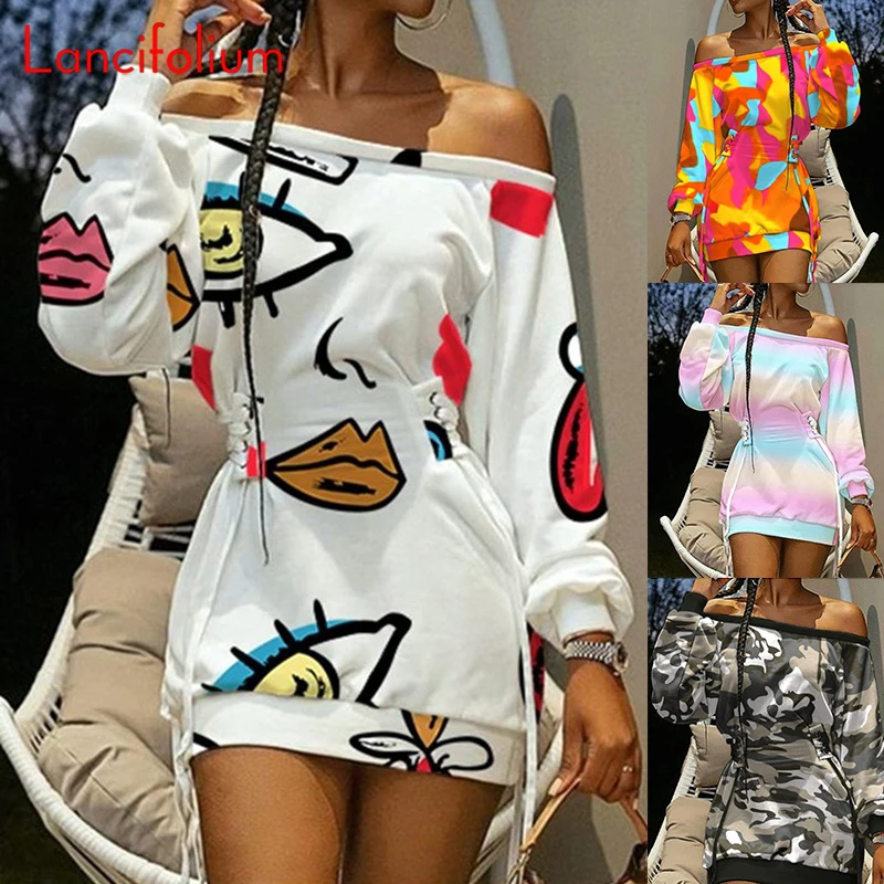 

2024 Spring Fall Sweatshirt Dresses Chic Wrying Slash Neck Sexy Off Shoulder Long Sleeve Waist Bandage Party Mini Dress Women