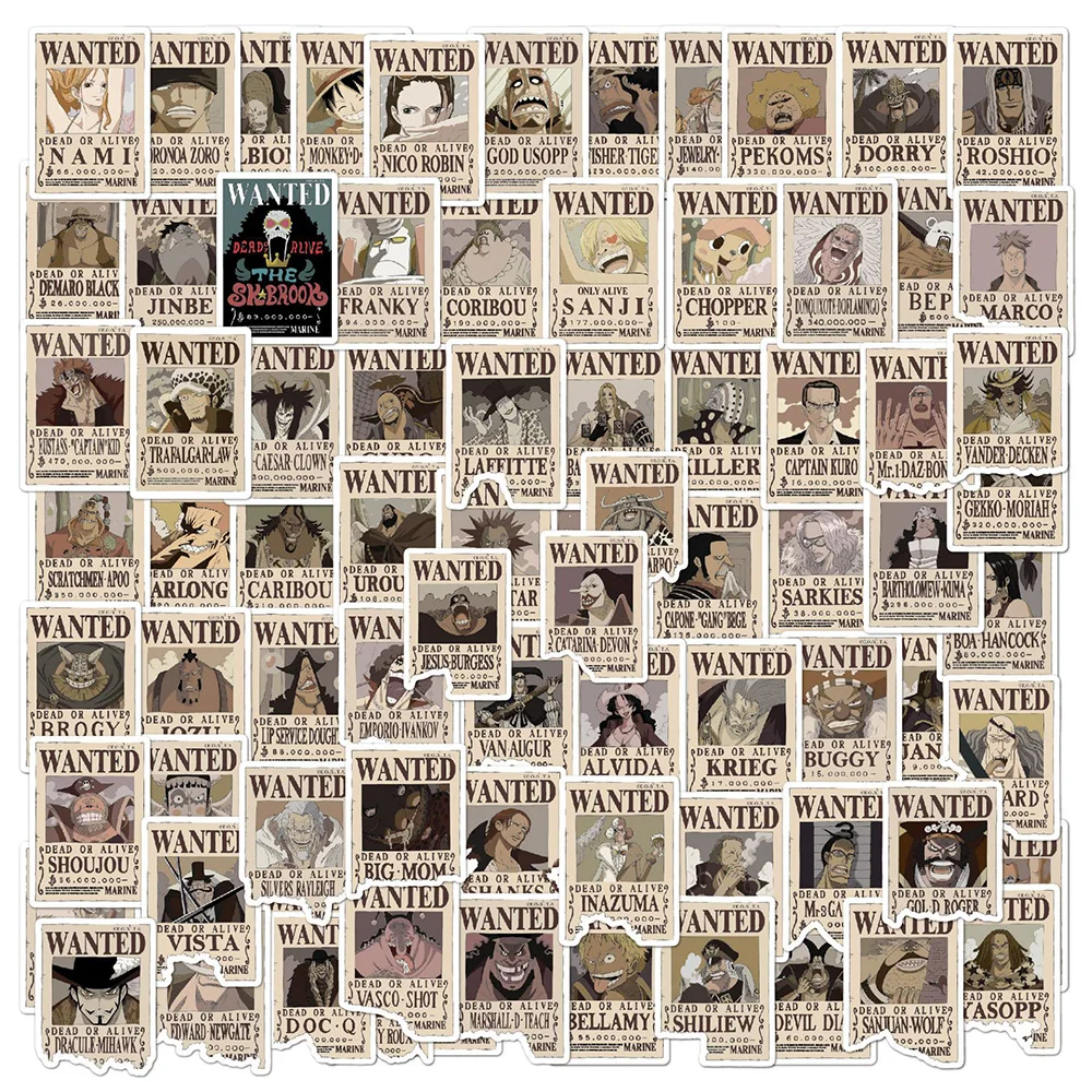

10/30/40/80PCS Anime One Piece Wanted Posters Stickers for Kids Toy DIY Phone Laptop Car Skateboard Wall Waterproof Cool Sticker