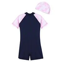 Kids Girls One-piece Swimsuit Rash Guard Short Sleeve Jumpsuit Athletic Swimwear with Hat Surfing Bathing Training Beachwear 4