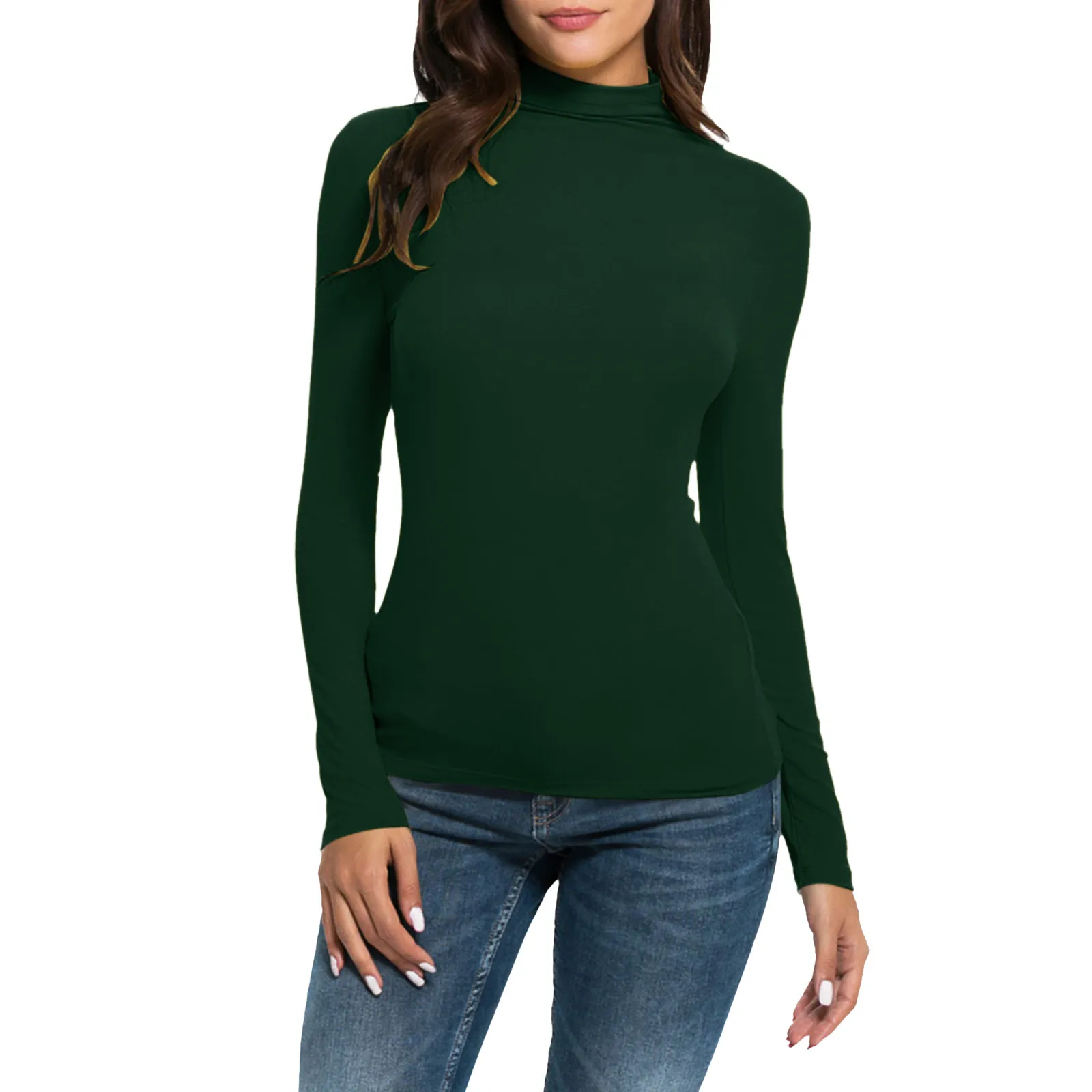 Womens Long Sleeve Turtleneck T Shirts Sexy Slim Fitted Casual Basic Tee Tops Solid Color Stretch T-Shirt Ladies Clothes 5