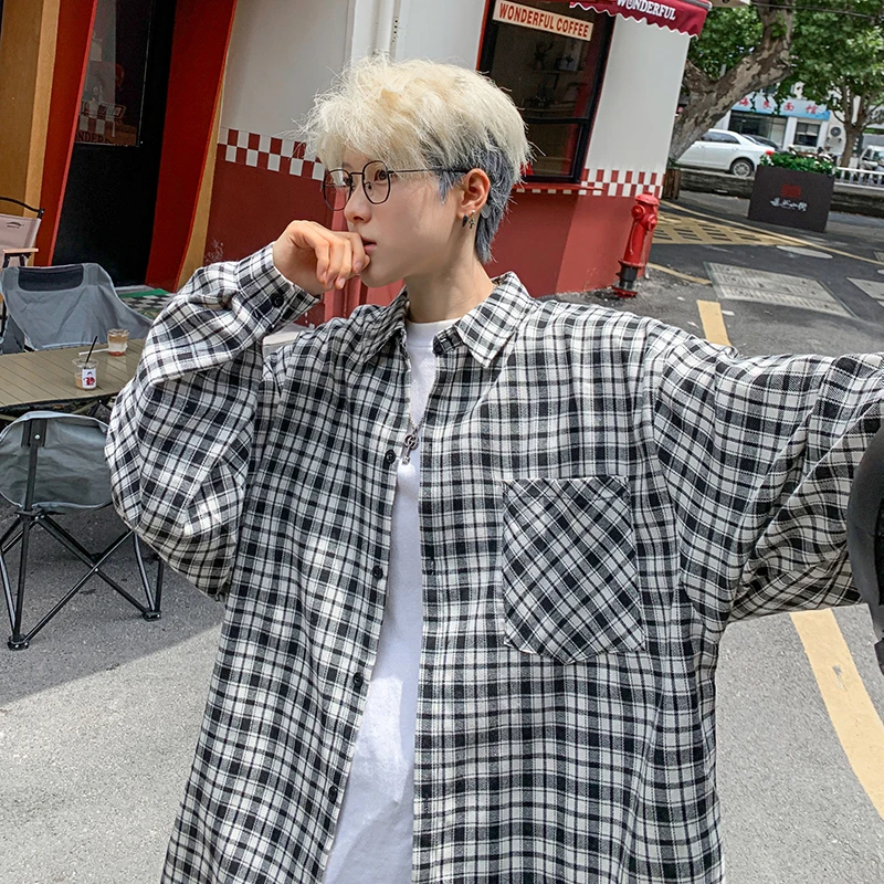 Harajuku Long Sleeve Plaid Shirts Men Autumn Loose High