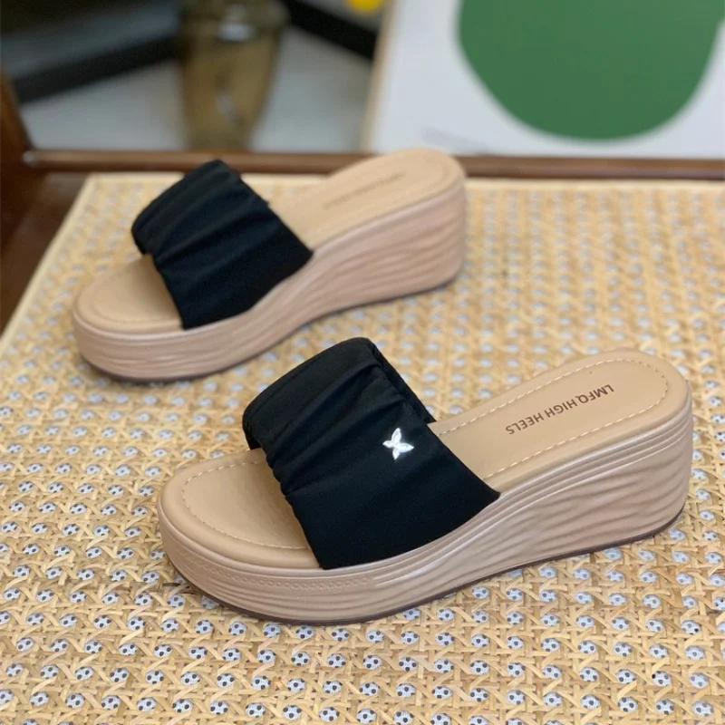 

Шлепанцы женские на танкетке, повседневные сандалии на платформе, открытый носок, Уличная обувь, высокий каблук, летние Тапочки